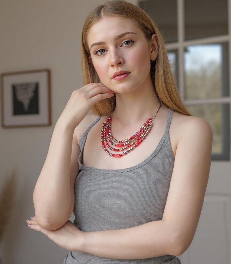 Errally Store Layered Beaded Statement Necklace Multi Strand Crystal Beads Collar Necklace and Earring Sets for Women Fashion Costume Jewelry Set Gifts for Her - Image 4